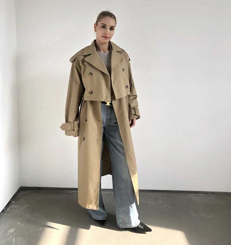 2025 Women Fashion Fall Autumn 2 piece long trench coat Female outerwear blue Khaki Z250828