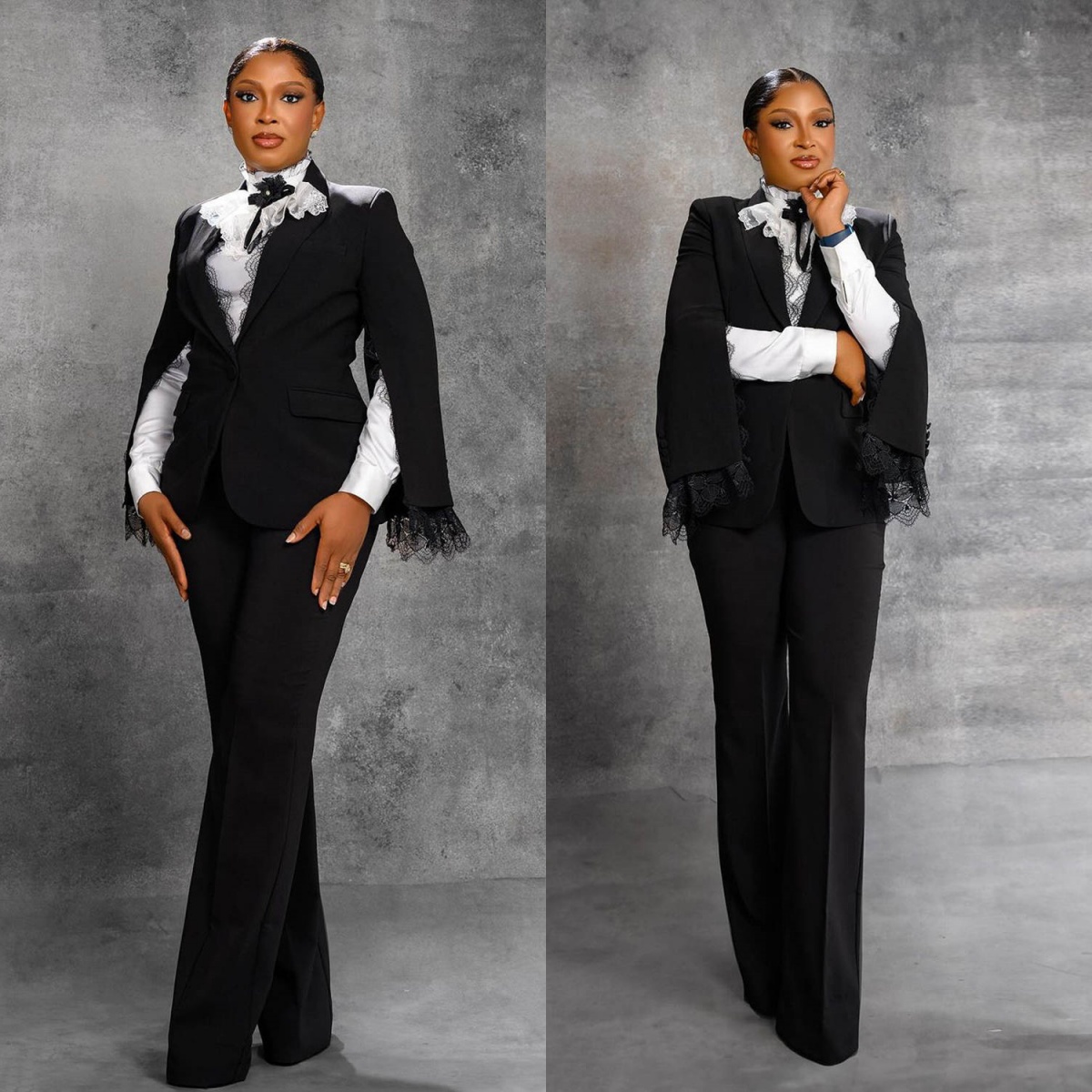 Black Lace Women Elegant Blazer Set Long Sleeve Custom Made Office Lady Two Piece Suits Work Outfits (Jacket+Pants)