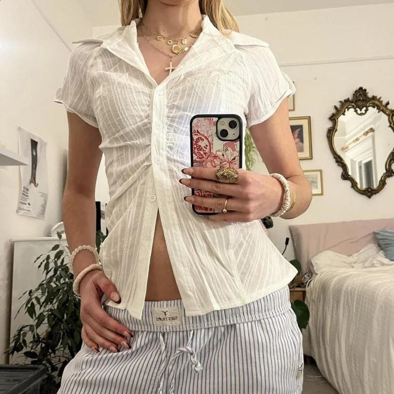 Xingqing y2k Shirt Top Women Elegant Clothes Solid Color Slim Fit Single Breasted Short Sleeve Blouse 2000s Clothing Streetwear 250828