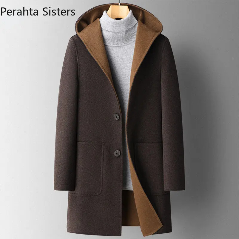 y Top Quality Doublesided Wool Trench Coat For Men Autumn Winter Fashion Midlength Hooded Woolen Long Man Clothing 250828