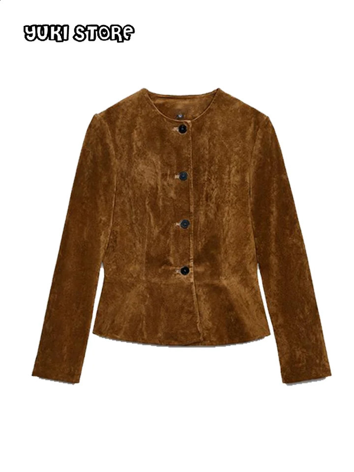 Fashion Ruffles Suede Jackets Women Brown Oneck Single Breasted Long Sleeve Female Coats 2025 Autumn Lady Vintage Outwear 250828