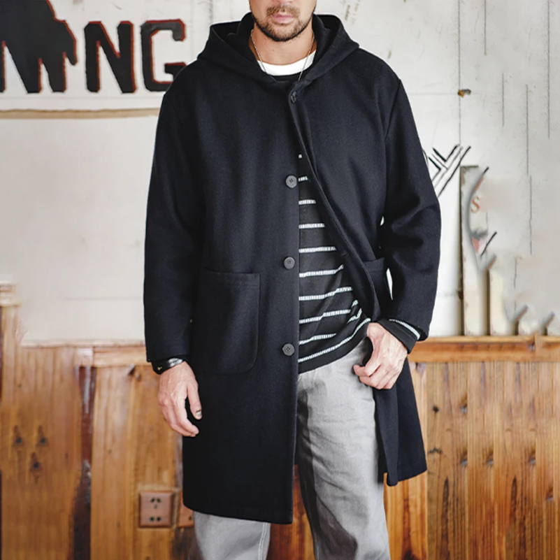 Maden Vintage Navy Blue Wool Hooded Coat MidLength Fleeced Jacket with SingleBreasted Warm College Style Mens Casual Overcoat 250828
