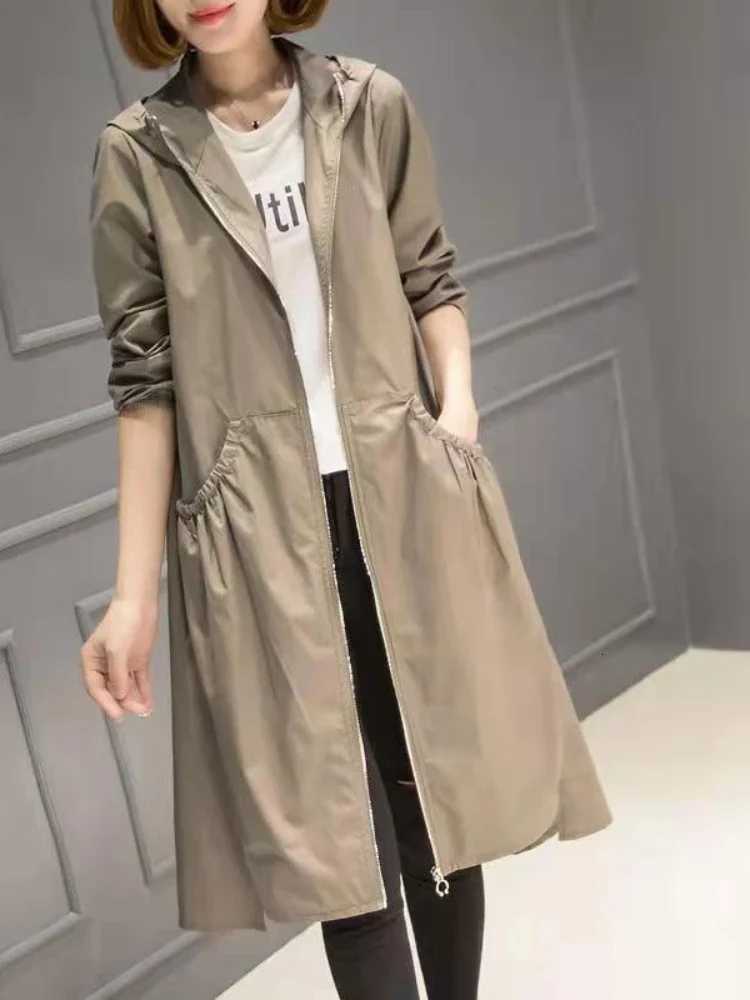 2024 Spring and Summer Womens Midlength Hooded Trench Loose Korean Fashion Coats Thin and Light Windbreaker Womens Clothing Z250828