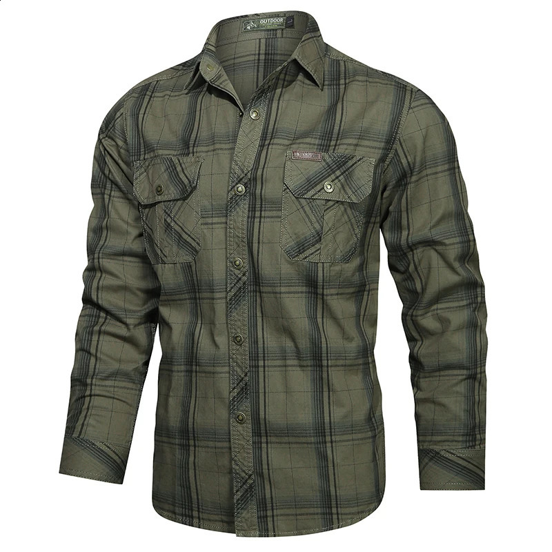 2024 Plaid Shirt for Men Long Sleeve Striped Outdoor Casual Shirts Turndown Collar 2Pokcet Cargo High Quality Tops 250828