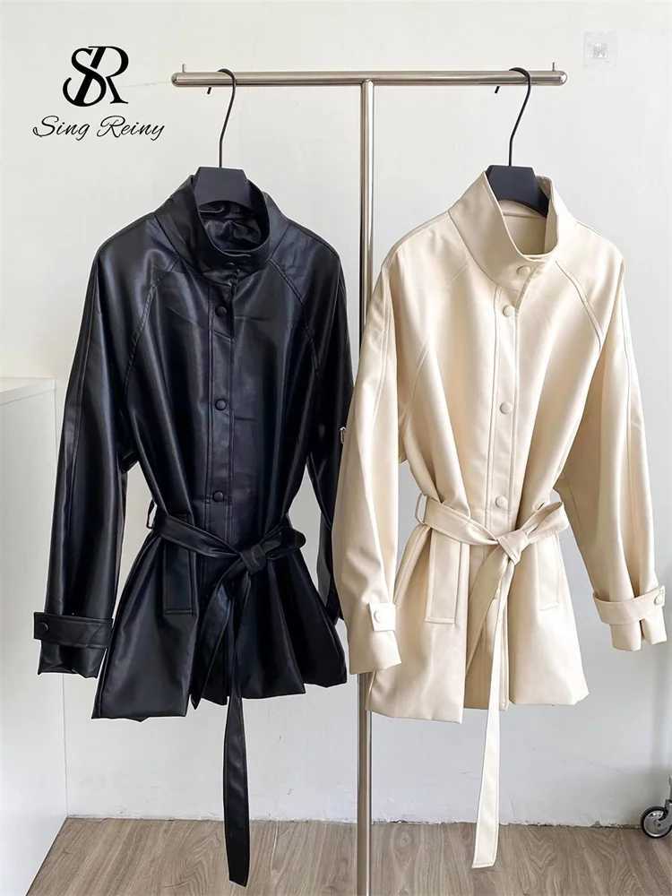 SINGREINY England Styles Midi Coat Stand Collar Long Sleeve Lace Up Skinny Design Fashion Vintage Solid Women PU Leather Jackets Z250828