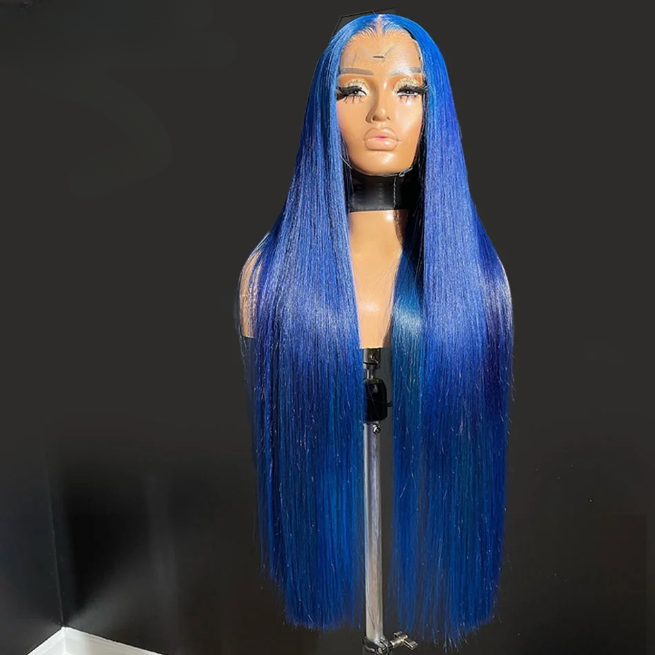 30 40 Inch Navy Blue Bone Straight 13X4 Lace Frontal Wig Human Hair Wear And Go Pre Plucked Transparent Lace Front Wig for Women 200%