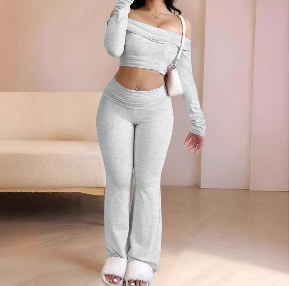 Casual Workout Two Piece Sets Woman Outfits Crop Long Sleeves Tops Foldover Flare Pants Tracksuit Suit Summer and Fall 250827