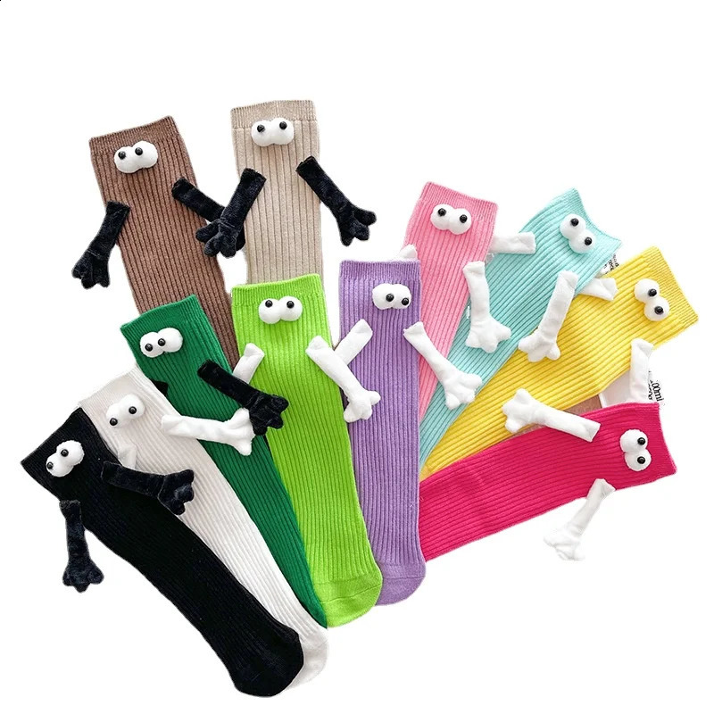 1 Pair Fashion Paired Funny Cute Doll White Socks Woman Kawaii Medium Tube Hose Magnetic Socks With Hands Black White Color 250827