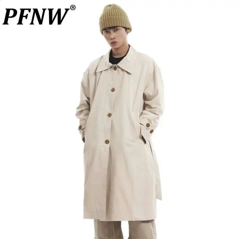 PFNW Korean Casual Temperament British Style Vintage Loose Lapel Trench Spring Beige Mediumlength Coats 250827BJ