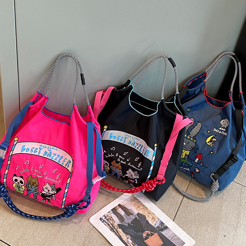 Eco-friendly Tote Bag Large Ball&chain New Embroidered Cat Band Casual Cartoon Nylon