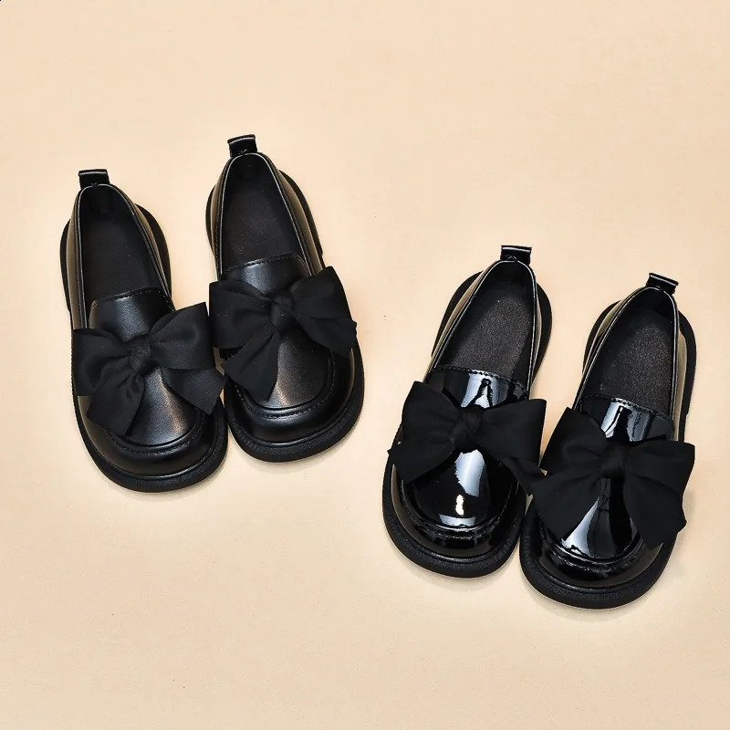 Korean version of girls Le Fu shoes bow tie school style childrens single shoes black small leather shoes250828