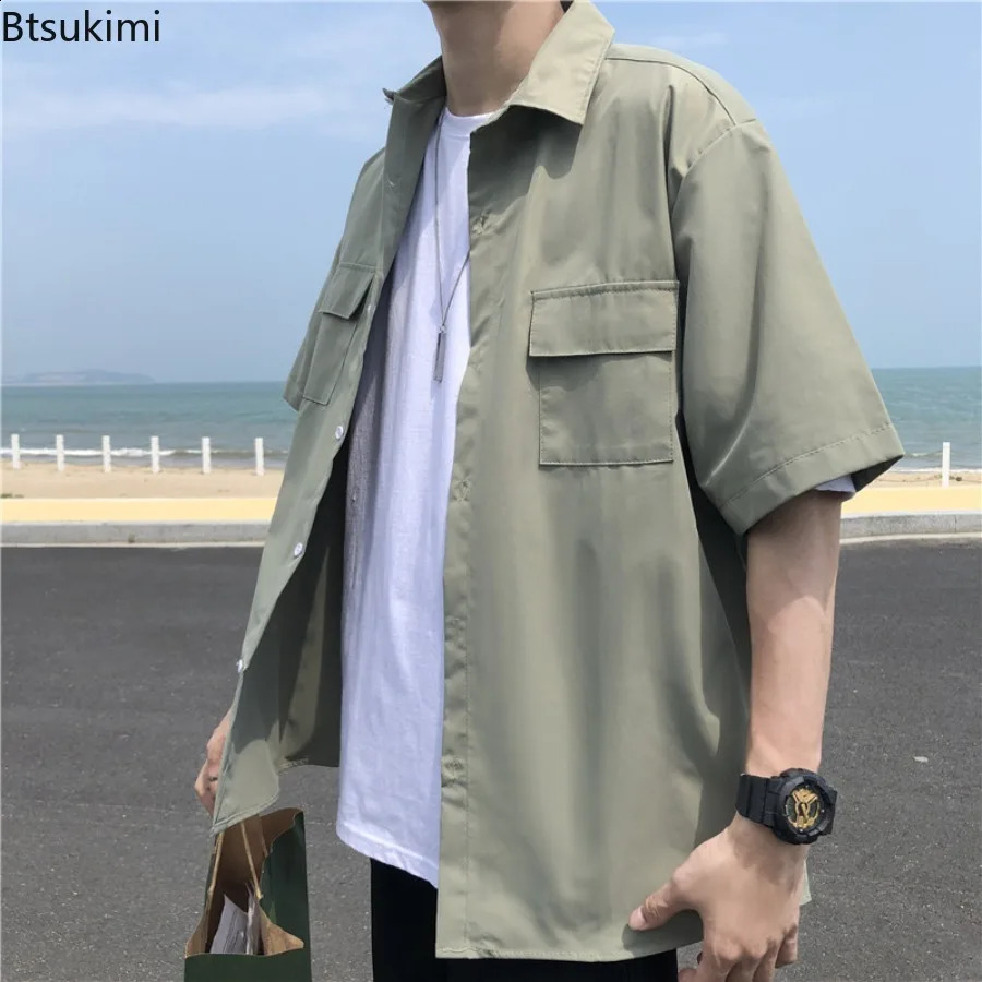 Summer Basic Shirts for Men 2025 Half Sleeve Cargo Loose Casual Lapel Cardigan Tops Male Shirt Coats Retro Streetwear 250828