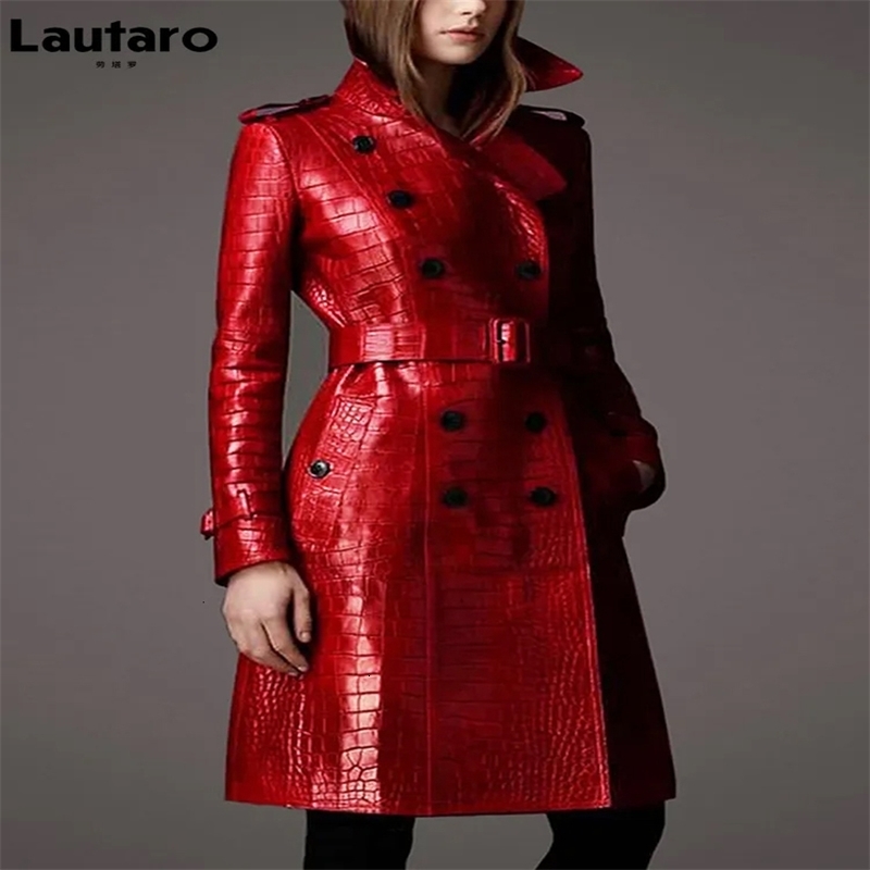 Lautaro Autumn Long Red Print Leather Trench Coat for Women Belt Double Breasted Elegant British Style Fashion 250827