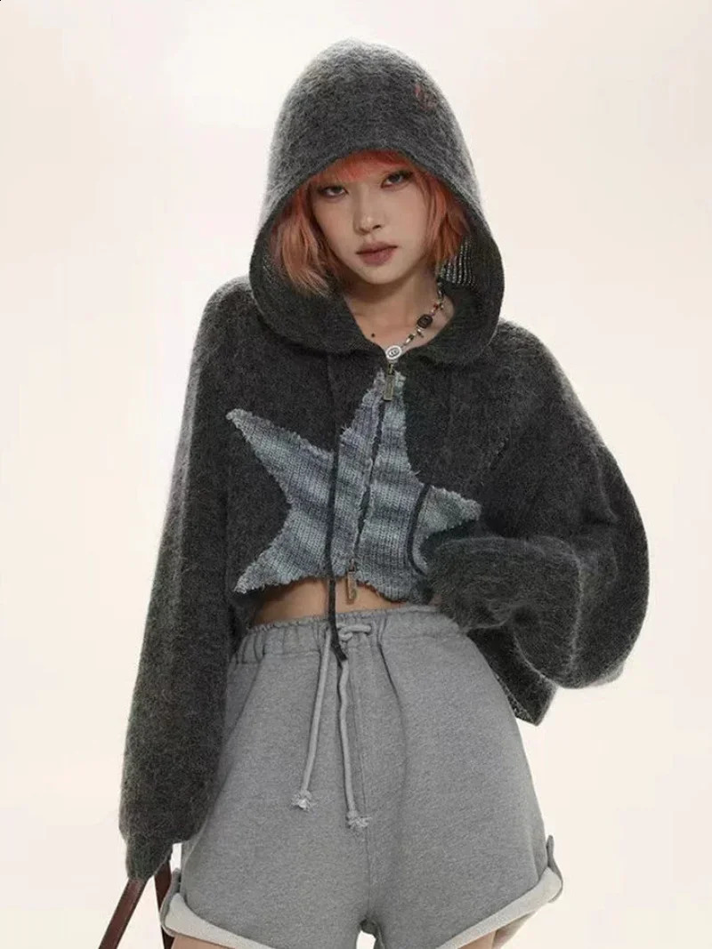 Y2k Zip Up Hoodie Harajuku Punk Gothic Star Patch Loose Sweatshirts Grunge Streetwear Hooded Crop Jackets Dark Hip Pop Coats 250828