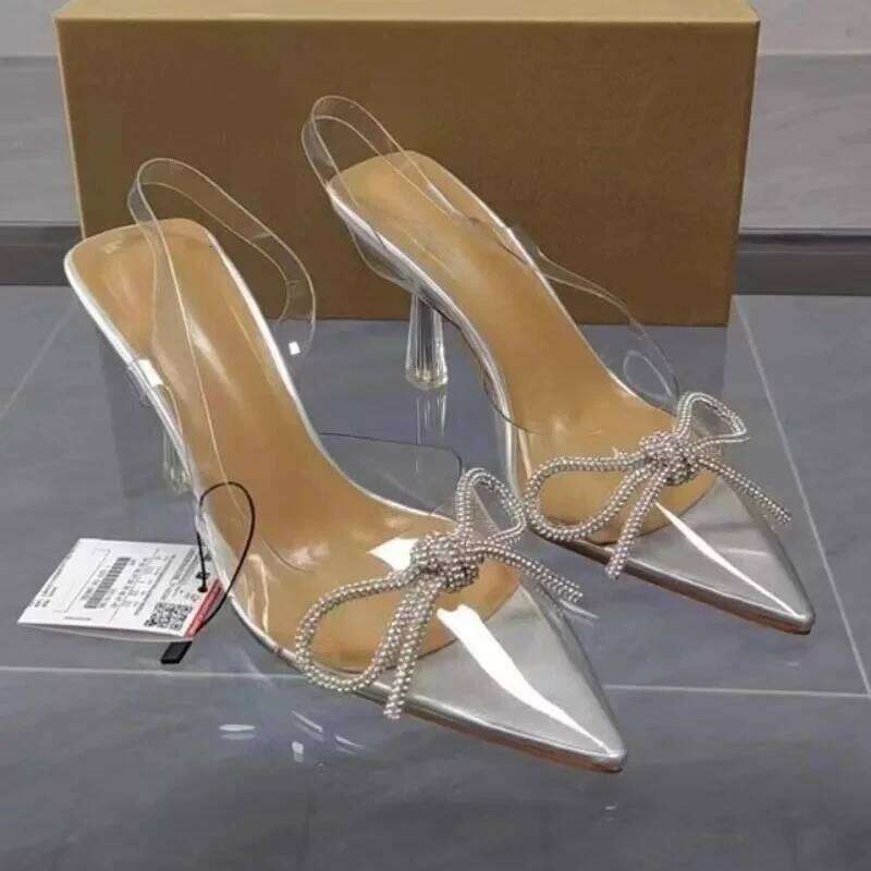 Elegant Pointed Toe Women's Summer Sandals Bow Rhinestone Clear High Heels Sexy Slingbacks Transparent Brand Female Shoes