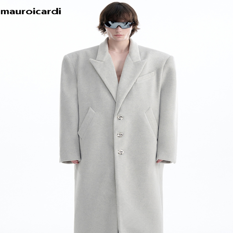 Mauroicardi Autumn Winter Oversized Extra Long Warm Black Wool Blends Coat Men y ner Floor Length Woolen Overcoat 250828