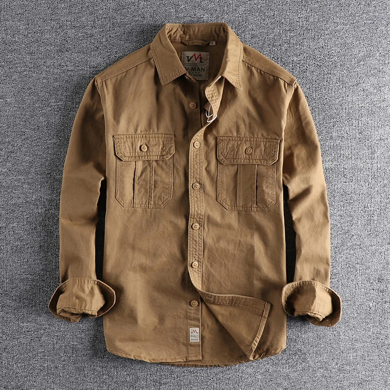 Autumn Japanese Retro LongSleeve Lapel Woven Cargo Shirt Mens Simple 100 Cotton Washed Double Pocket Casual Youth Blouses 250828