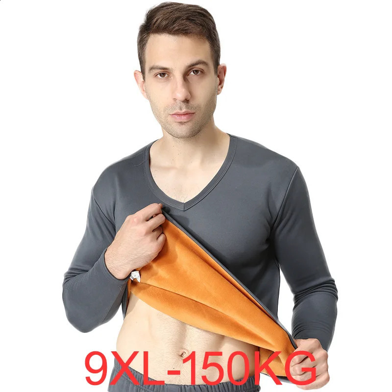 Winter Fleece Thicken Tops Large Size 6XL 7XL 8XL 9XL Mens Thermal Underwear Tops V Neck Long Sleeve Black Wine Red Cotton Tops 250827