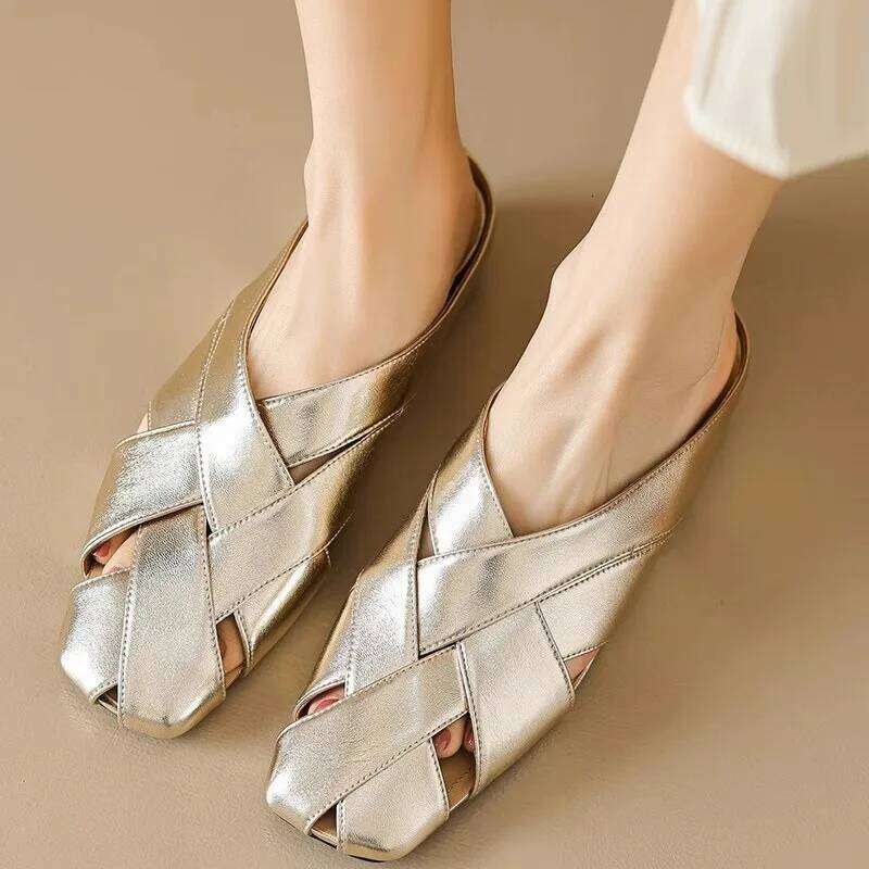 Summer Mules Shoes For Women Gold Flat Slipper Girls Casual Cozy Low Heels Slippers Comfortable Walking Sandals Slingback Slides