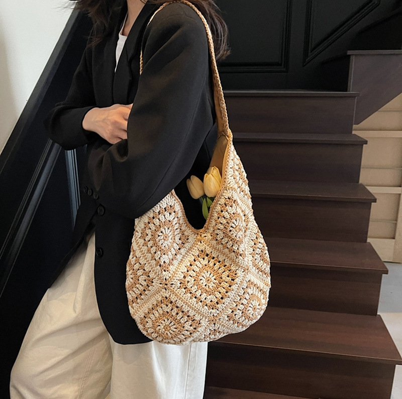 Handmade Cotton Yarn Crochet Hollow Sunflower Woven Ethnic Style Large Capacity Tote Straw Shoulder Crossbody Bag