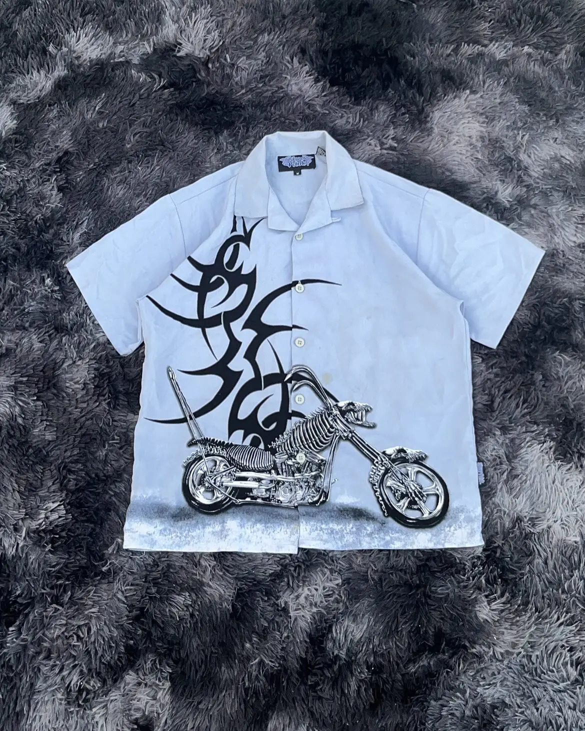 Vintage Y2K Tribal Skeleton Motorcycle Shirt Mens Womens Light Blue Button Down Short Sleeve with Graphic Print Streetwear 250828