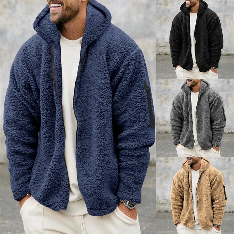 Mens Autumn and Winter DoubleSided Fleece Warm Jacket Loose Hooded Casual Jacket 250827