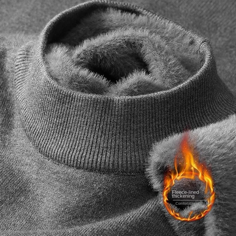 Plush Mens Knitted Sweater Turtleneck with Velvet Padded Warm Solid Pullovers Autumn Winter Thick Bottom Casual ONeck Sweater 250827
