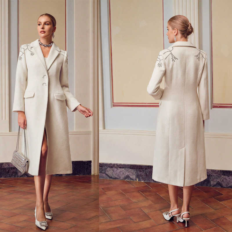 Women Warm Woolen Blend Overcoat Single Breasted Long Sleeve Jacket Crystals Autumn Winter Customized Outerwear