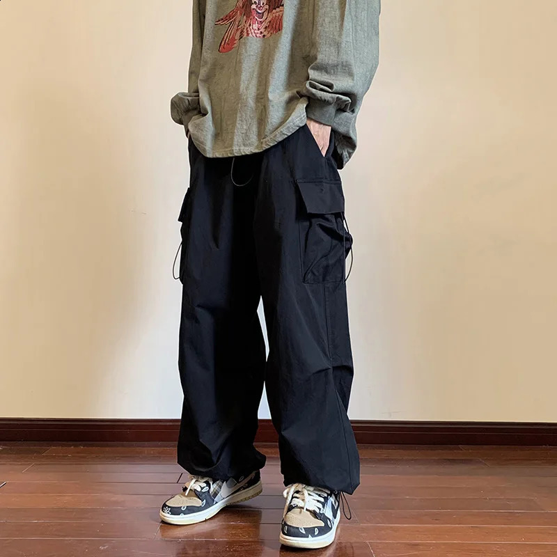 Men's Bootcut Harem Pants, Black Acetate Cargo Trousers with Elastic Waist, Zipper Fly and Utility Pockets for Casual Spring-Summer Outfits, Harem P