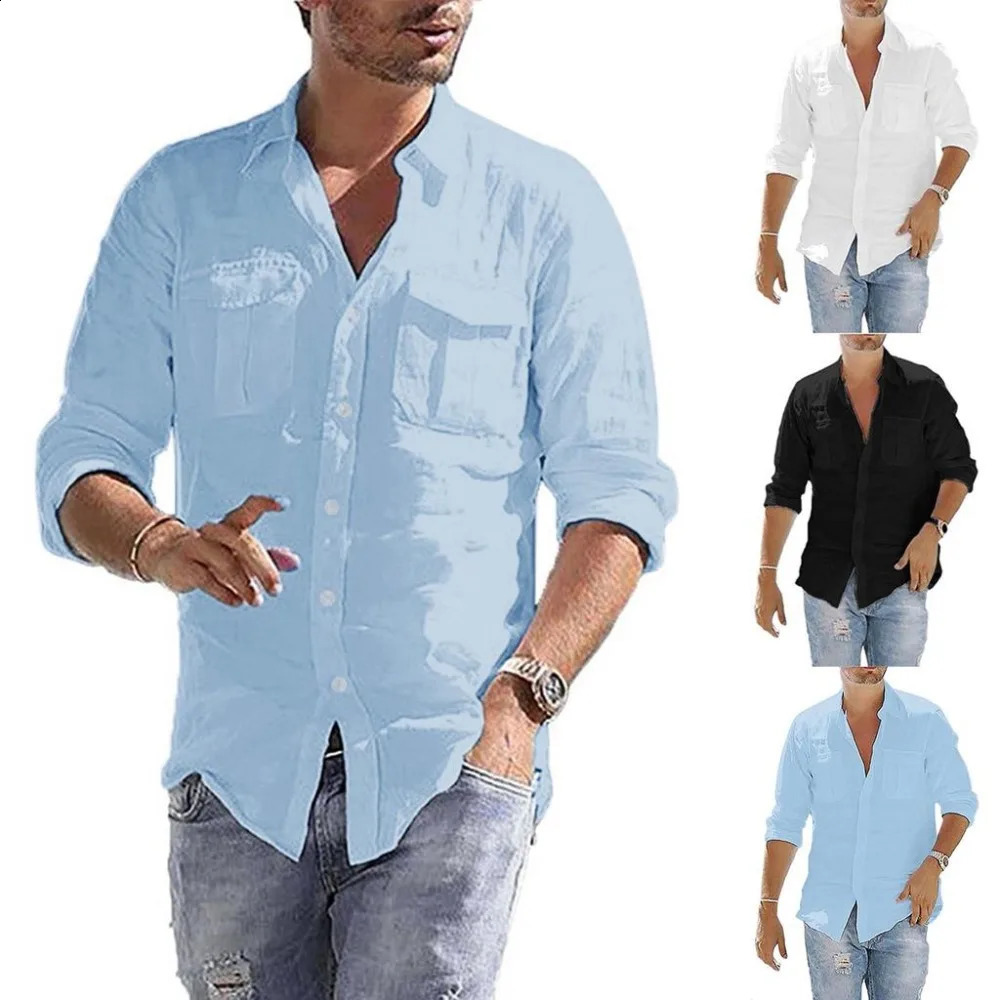 Mens Shirt Cargo Autumn Beach Shirts for Men Cotton Linen Casual Longsleeved Male Techwear 250828