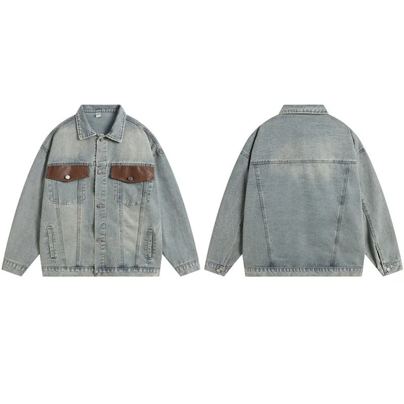 Men Denim Jacket Streetwear Coat Single Breasted Turn Down Collar Women Patchwork Pockets Washed Overcoat Vintage Outerwear 250827