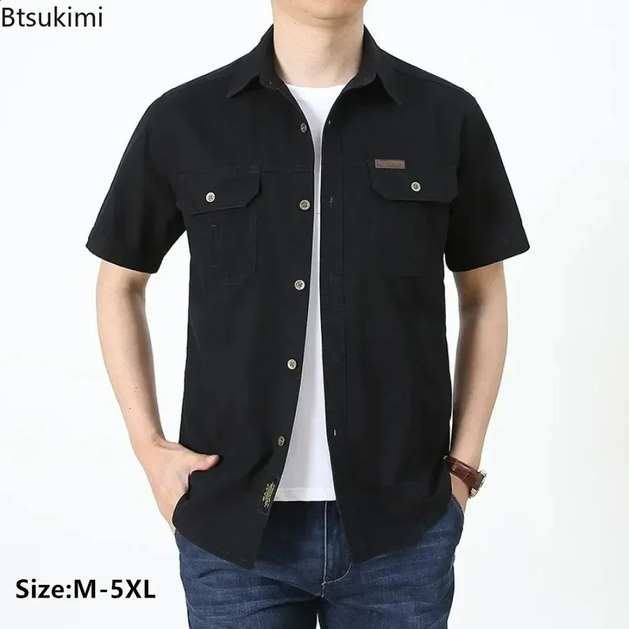 2025 Summer Big Size Cargo Shirts Mens Fashion Casual Cotton Tops Loose Breathable Work Wear Men Clothing Blouse 5XL 250828