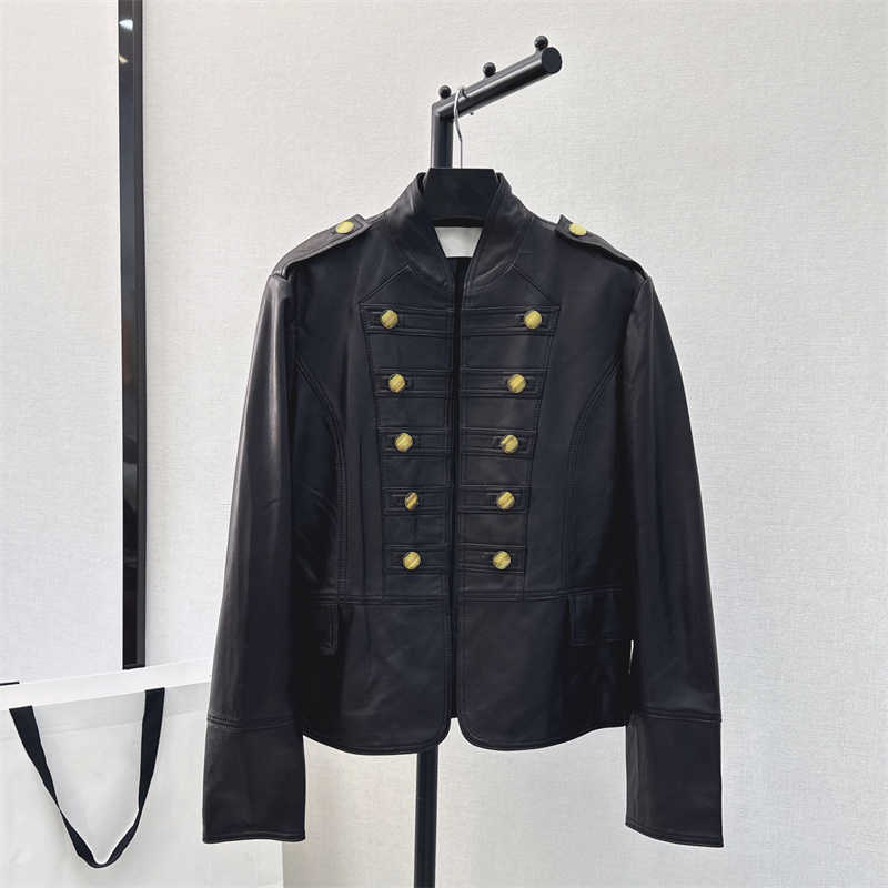 Multiple buttons Leather jacket women designer Letter jacquard lining Stand-up collar Jackets Waist-cinching Luxury coat
