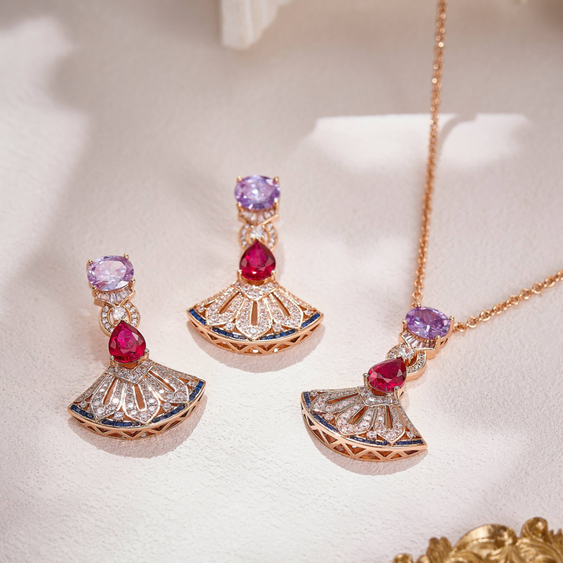 Designer Collection Style Necklace Earrings Inlay Cubic Zircon Diamond Synthetic Ruby Hollow Out Fanshaped Pendant Party Jewelry Sets