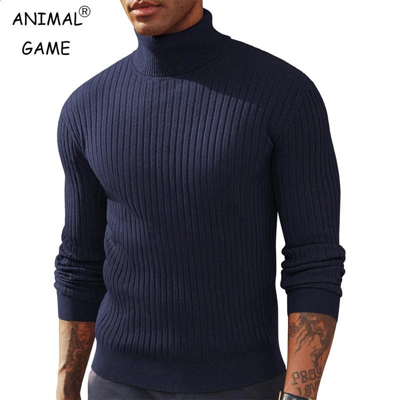 Mens Slim Fit Long Sleeve Turtleneck Sweater Casual Ribbed Knitted Pullover Sweaters Winter Warm Outdoor Stripes Tops 250828BJ