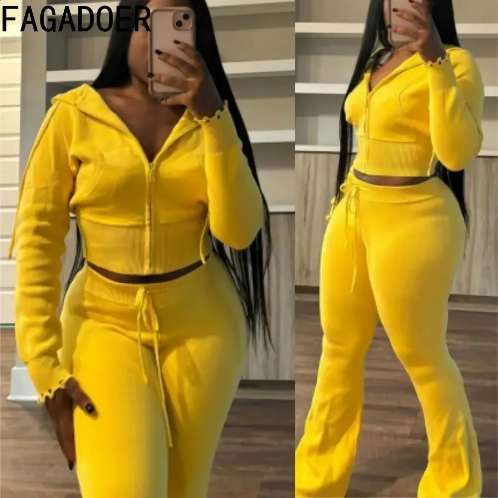 FAGADOER Casual Knitting 2 Piece Sets Women Outfit Solid Color Zip Crop Hooded Top Flare Pants Suits Female Streetwear 250827