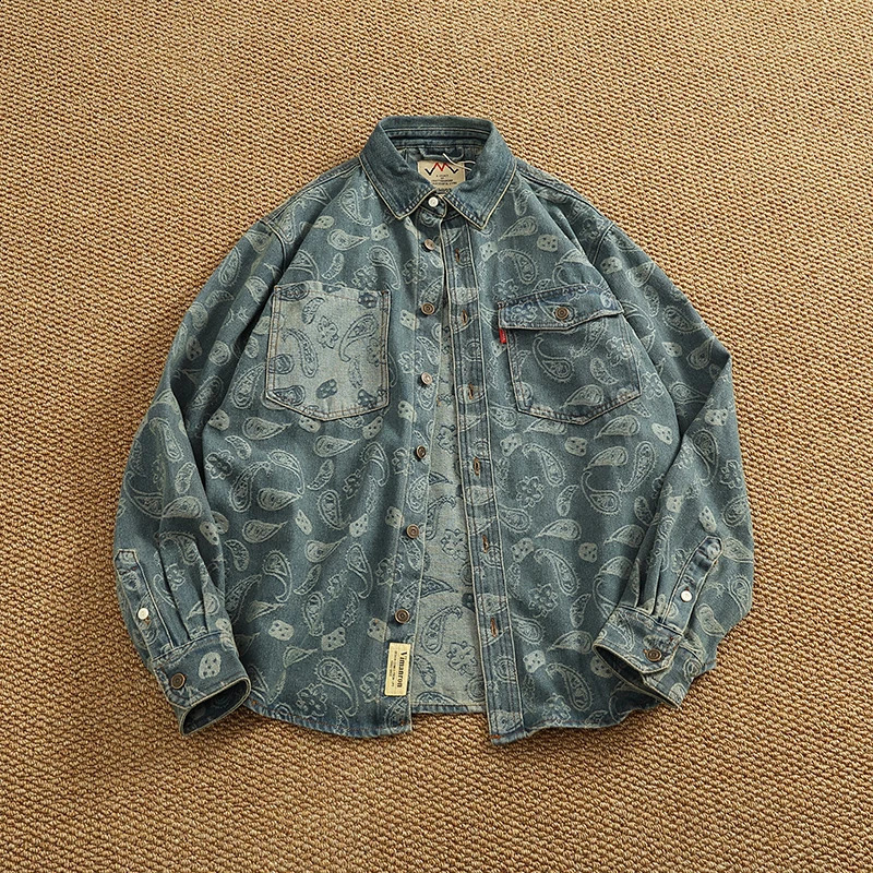 Spring American Retro Heavyweight Denim Cargo Printed Shirt Double Pocket Mens Simple 79 Cotton Washed Casual Thin Jacket 250828