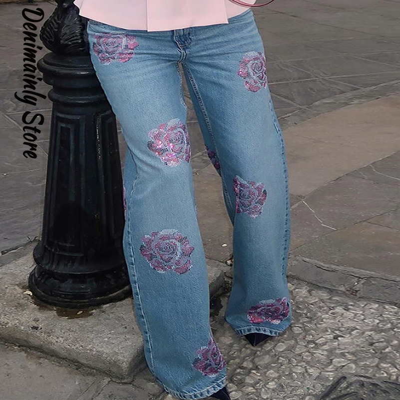 Casual Flower Shaped Rhinestones Woman Jeans Denim Low Waist Loose Straight Trousers Fashion High Street Lady Pants 250828