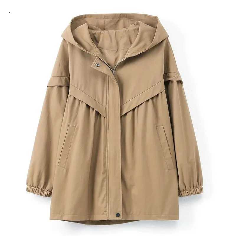 5XL Hooded Trench Coat Casual Large Loose Windbreaker Lining Coat Womens Spring Autumn 2023 New Korean Mid Length Jacket Khaki Z250828