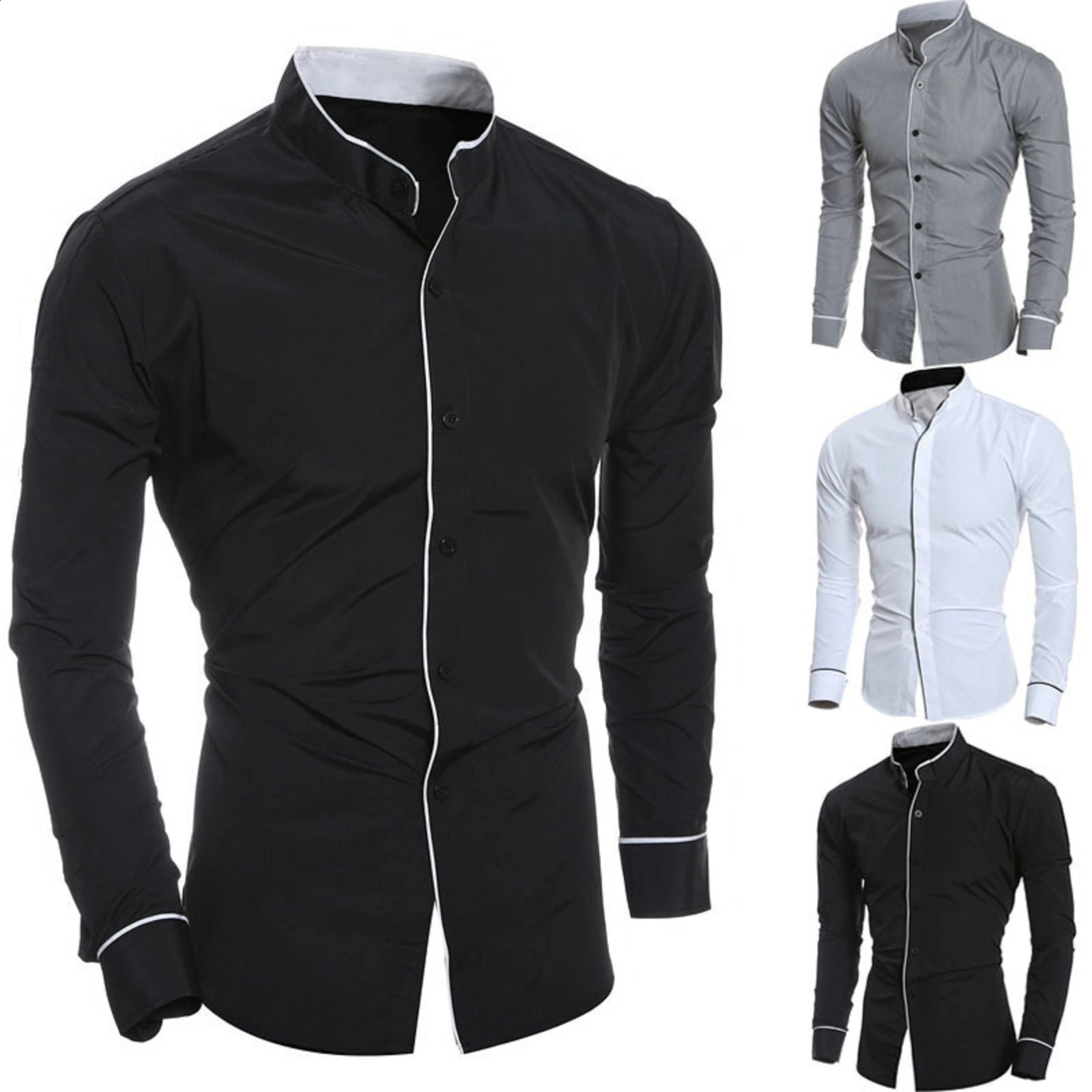 Spring and autumn mens longsleeved solid color shirt standup collar comfortable buttondown fashionable slim 250828