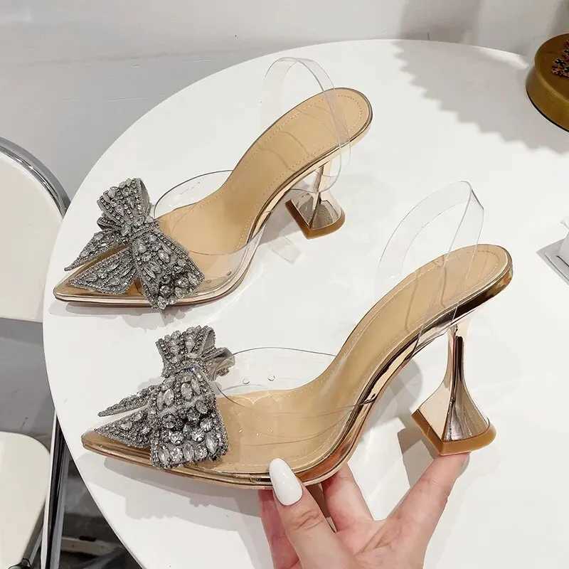 Fashion Crystal Sequined Bowknot Women Pumps Sexy Pointed Toe High Heels Wedding Prom Shoes Ladies PVC Transparent Sandals W250828