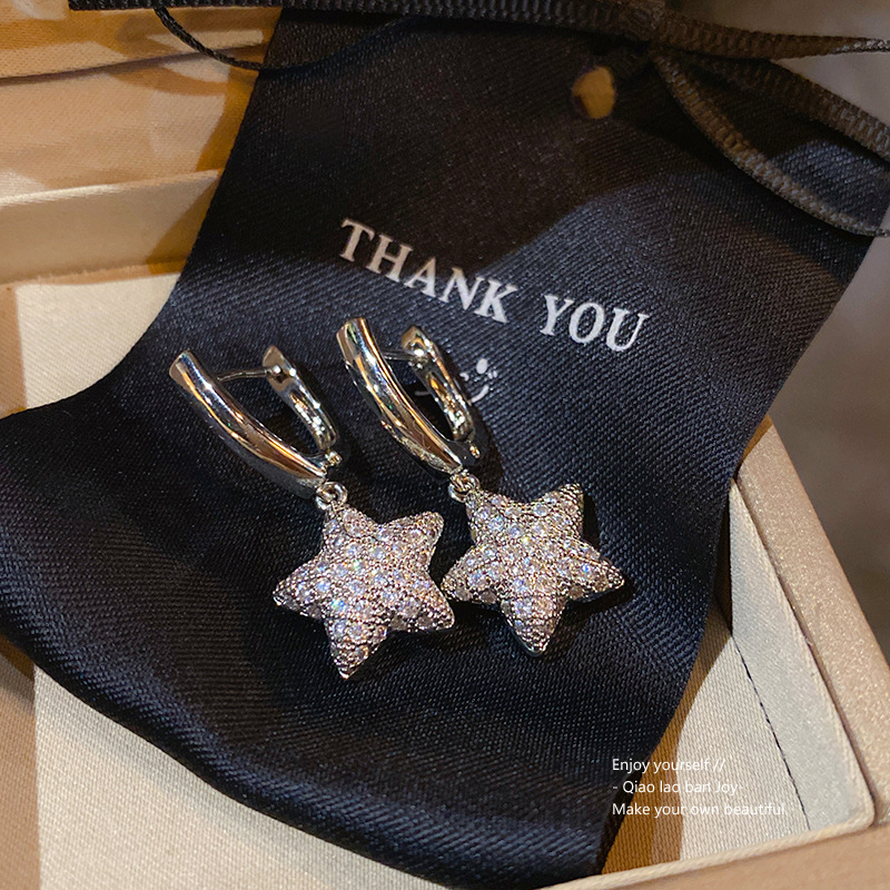 Silver - Toned Star - Drop Hoop Earrings, CZ - Encrusted Sparkle, Shimmering Charm for Daily or Eye - Catching Styles, Glitzy Jewelry Accessory