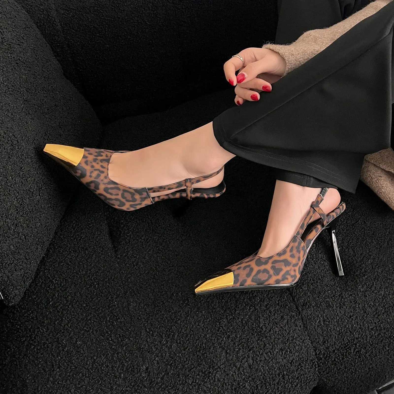 2025 Summer Leopard Print Sandals Square Toe Rear Trip Belt Stiletto Heels Cowhide Closed Toe Sandals Large Size W250828