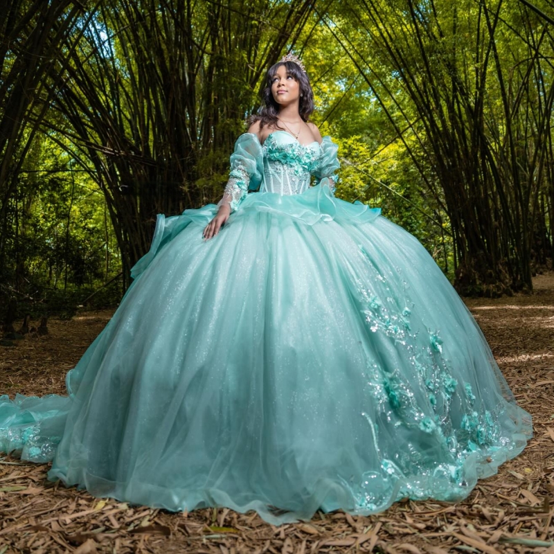 Light Green Shiny Princess Off the Shoulder Sweet 16 Dress Quinceanera Dresses Applique Flower Beads Tull Party Birthday Vestidos 15 Anos