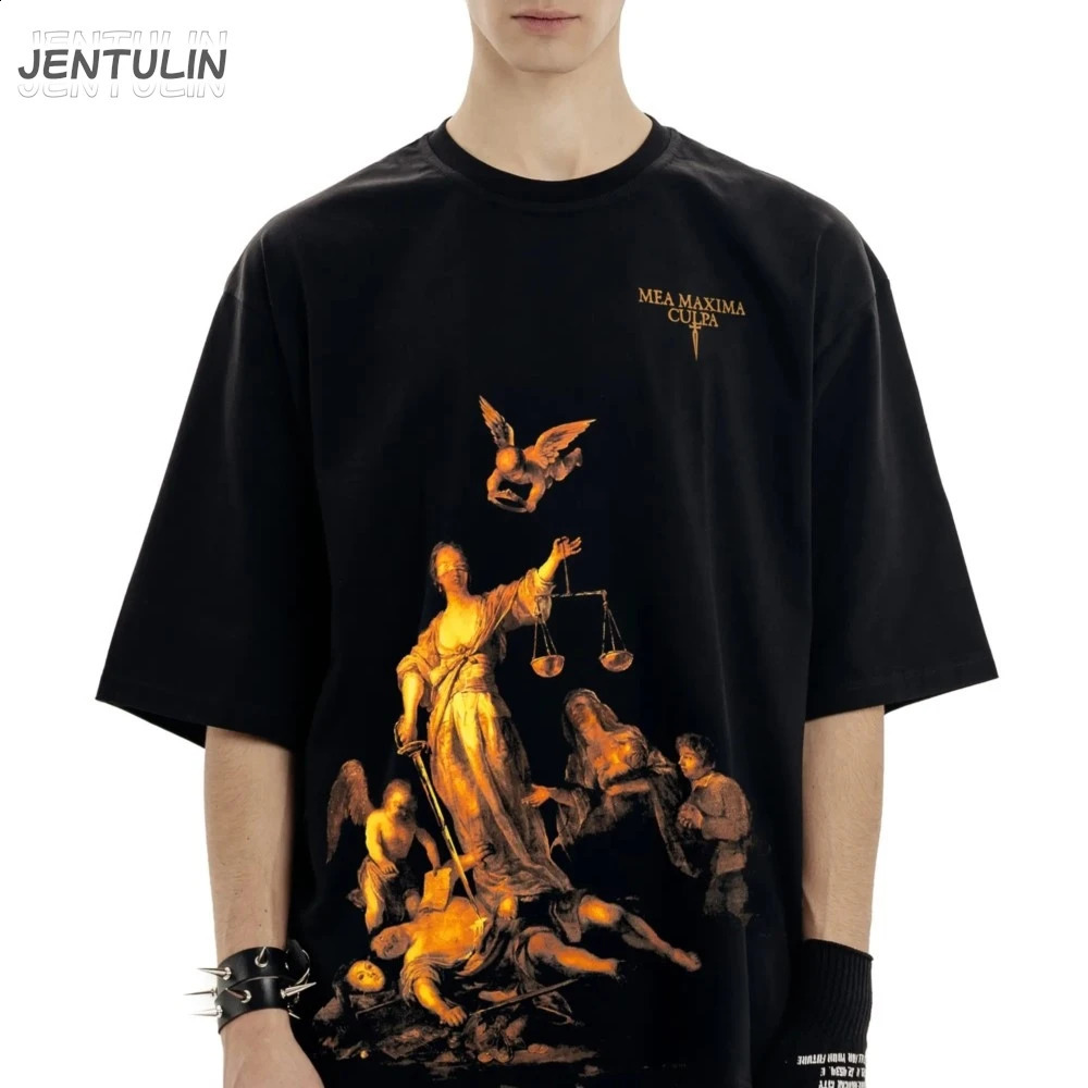 Harajuku Oversized Streetwear Mens Clothing justice Graphic Print Black Tshirt Cotton Hip Hop Punk Short Sleeve Tops Gothic Y2k 250828