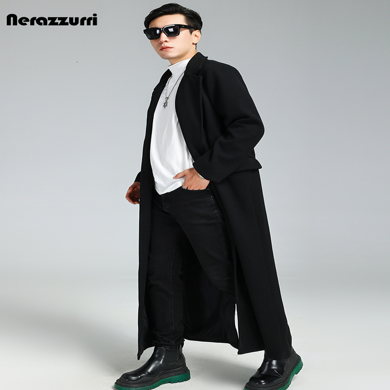 Nerazzurri Autumn Winter Extra Long Soft Black Warm Woolen Coat for Men Loose Casual Korean Fashion Wool blends Overcoat 250828