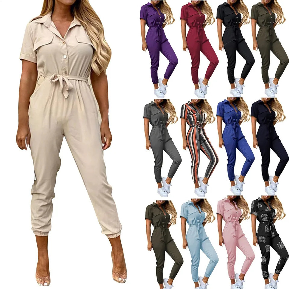 Womens Fashion Summer Casual Lapel Laceup Printed Belt Short Sleeve Work Jumpsuit Jumpsuits for Women Casual Women Jump Suit 250827
