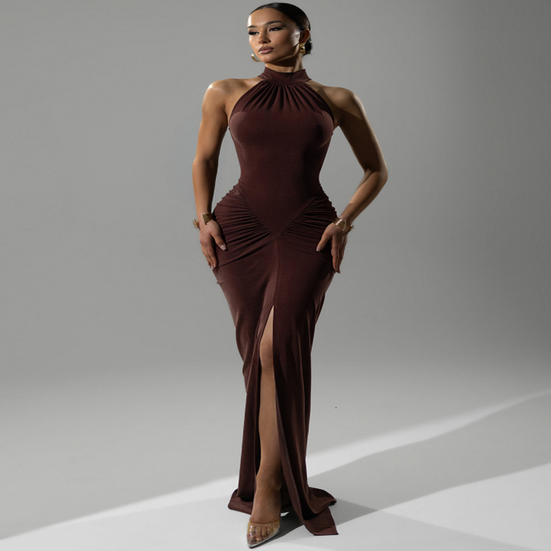 Mozision Halter Ruched Sleeveless Sexy Maxi Dress Women Gown Fashion Slim High Waist Evening Club Party Split Long 250828