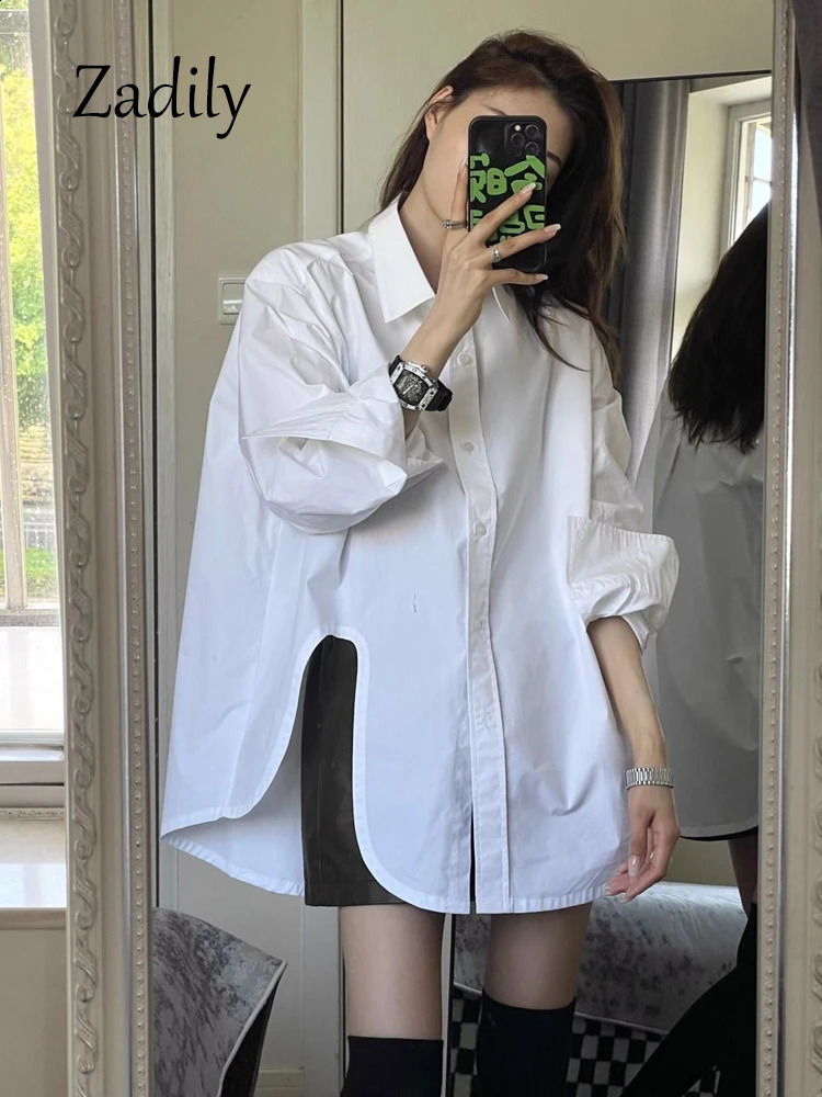 Zadily Summer 2025 Casual Loose Full Sleeve White Long Shirt Minimalist Oversize Button up Ladies Blouse Irregular Top Tunic 250828