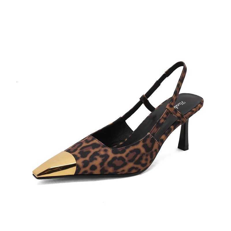 Summer Sandals Women Thin Heel Shoes French Style Sexy Leopard Sandals Sheepskin Party Pumps Pointed Metal Toe Dress Sandals W250828